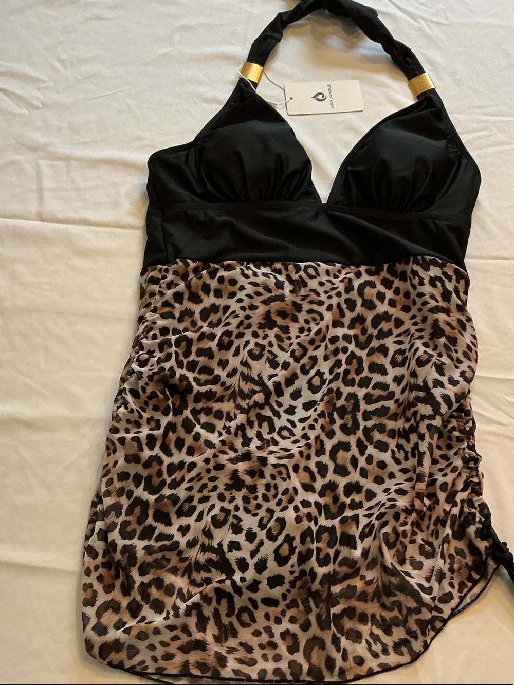 July Jungle Leopard-Print Halter One-Piece Swimsuit - Black and BrownSize L